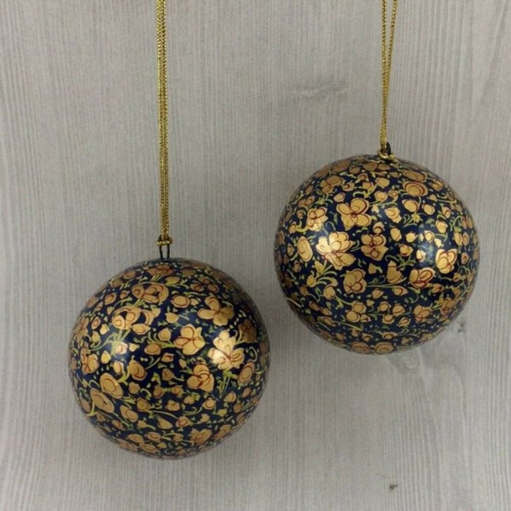 2 Blue Gold Handmade Paper Mache Christmas Balls Made in India DAMAGED